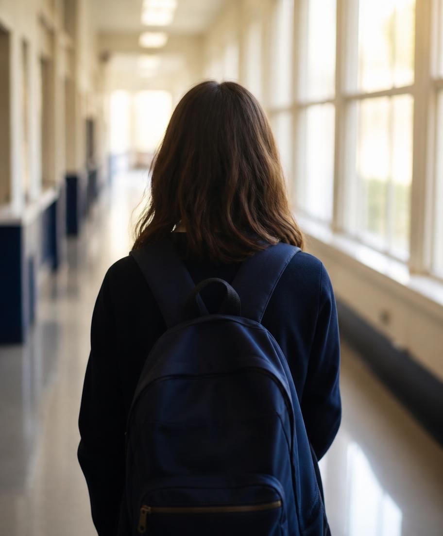 A teenager walking forward down a sunlit school hallway